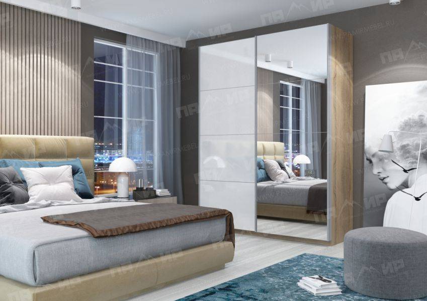 шкаф-купе браво сонома / зеркало / лакобель белая в Нижневартовске