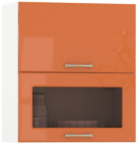 шкаф навесной 600 горизонтальный дверь и дверь со стеклом кухня сандра манго глянец/белый, двери открываются вверх в Нижневартовске