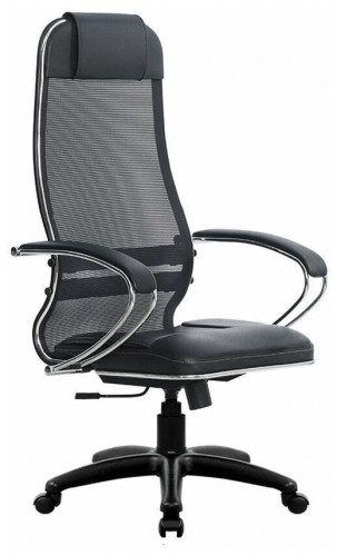 кресло для руководителя метта su-1-bk комплект 5 pl, обивка: текстиль, цвет: экокожа перфорированная newleather черная/сетка черная в Нижневартовске