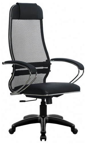 кресло для руководителя метта su-1-bk комплект 16 pl, обивка: текстиль, цвет: экокожа перфорированная черная/сетка черная в Нижневартовске