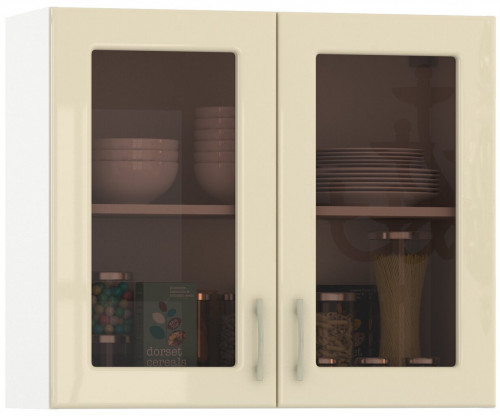 шкаф навесной 800 витрина 2 двери кухня сандра ваниль глянец/белый в Нижневартовске